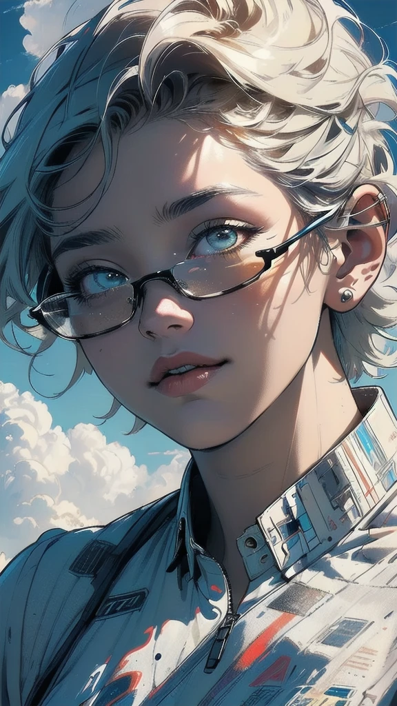 (((masterpiece, highest quality))),32k wallpaper, very detailed, poster, vintage science fiction,(((((geometric cinematic movie poster))))), ((bauhaus)),(shape),(((abstract))),(mid century modern),(((((portfolio))))),(((((Close-up))))),(((((bust up))))),((((more various angle)))),((((highlight)))),((((heterochromia)))),(((complete. detailed face))),(((((Extremely talented))))),(Colorful color scheme),(((detailed unlimited complete equipment : rail gun))),(((((Absolutely Realistic Clouds background))))),(((Texture for people : grunge))),clouds