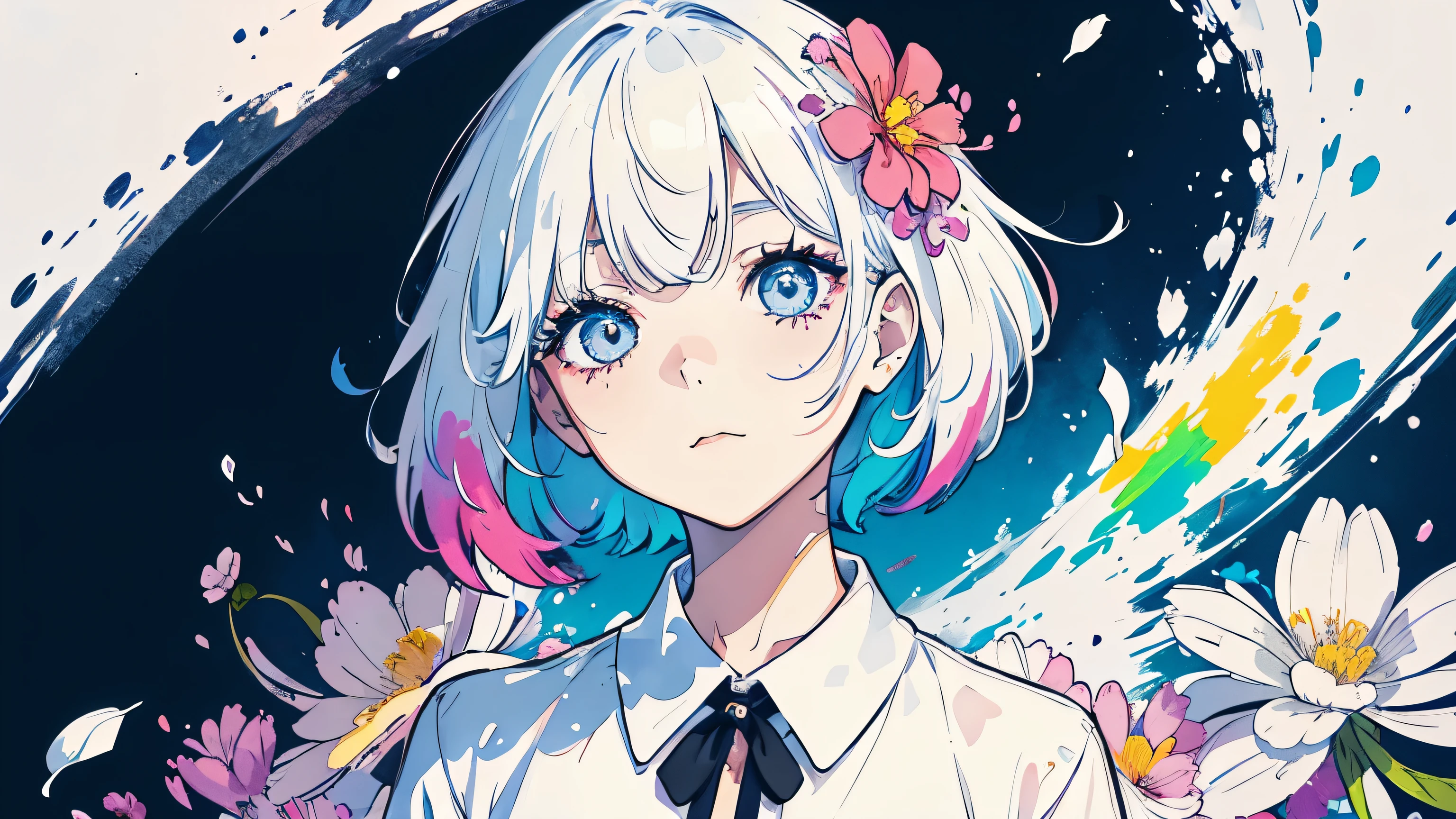 Lovely beautiful girl,1 girl,Wearing a platinum shirt,Half-body photo,Black clear eyes,Small face,Color Splash,Color Splash,Messy Lineouth closed,Long eyelashes,White shirt,Upper Body,Paint splashes,Acrylic paint,Rainbow Hair,Highest quality,In the background is a sky dotted with flowers.