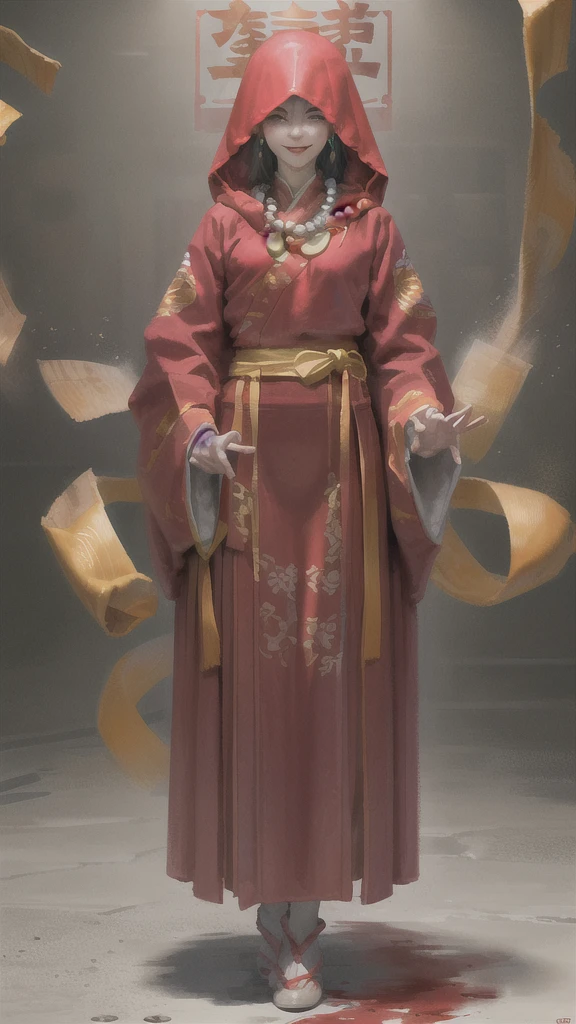 masterpiece,(masterpiece, front,Looking at the audience,face,Top quality, best quality, Chinese Hanfu,Red clothing,Red clothing,Paper wedding dress,Solitary,Standing,whole body, bead, veil, Keep, Jewelry, Looking at the audience, necklace, 1 Girl, indoors, hood, Long sleeve, Blood, Floral, hood up, Smile, dark, (Red Chinese clothes), skirt, fear (theme), Black Hair, ,,面朝前方Looking at the audience,Simple background,Solid color background