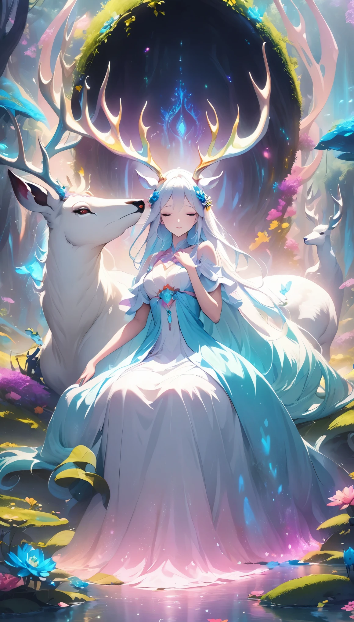 Surreal photos，Seven-Colored Deer Guardian，High-resolution photos，Huge and beautiful seven-colored deer，A peaceful and dreamy scene，A woman in a princess dress sits next to a giant seven-colored deer，The woman is very sexy，Detailed facial details，The background is a magical forest full of spirituality，Create a soft and ethereal atmosphere。The overall composition is beautiful