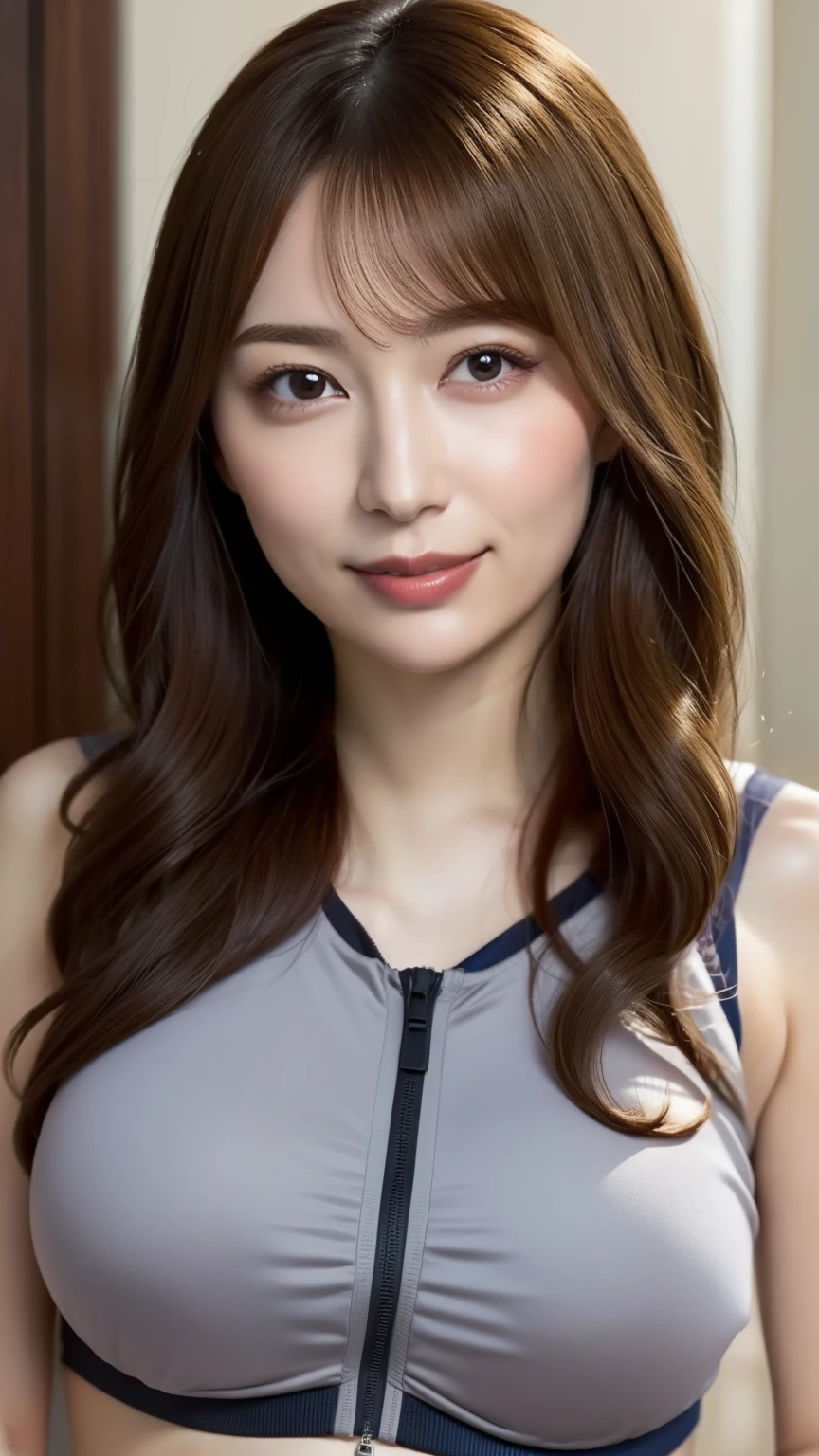 (Cowboy Shot、Highest quality、8k、Award-winning works、Ultra-high resolution)、One beautiful woman、セクシーなShiny Crop Topを着て、A woman in training clothes is grabbed by a man on the side of her chest、Inside the room、Shiny clothes (Shiny Crop Top:1.8、Glossy olive color training gear),(blonde:1.1)、Bright color contacts、Perfect Makeup、Bright and shiny lipstick、(Very heavy makeup:1.2)、(Deep pink around the eyes:1.1)、Beautiful bright eyeshadow、Heavy makeup around the eyes、(Big Breasts:1.2)、very long wavy hair、(Romantic affection:1.1)、彼が私を見た時の最高のsmile、(Many of them emphasize the body line....:1.1)、(Strongly blurred vibrant Harajuku city background:1.1)、(Strongly blurred background:1.1)、Accurate anatomy、Ultra HD Hair、(Ultra-high resolutionの完璧な美しい歯:1.1)、Ultra-high definition beauty face、Ultra HD Hair、Ultra HD Shining Eyes、輝くUltra-high resolutionの美肌、Ultra-high resolutionの艶やかな唇, Very detailed, close your eyes, Nose and mouth,Face Focus, Extreme close up of face、 Symmetrical face,Realistic nostrils、smile
