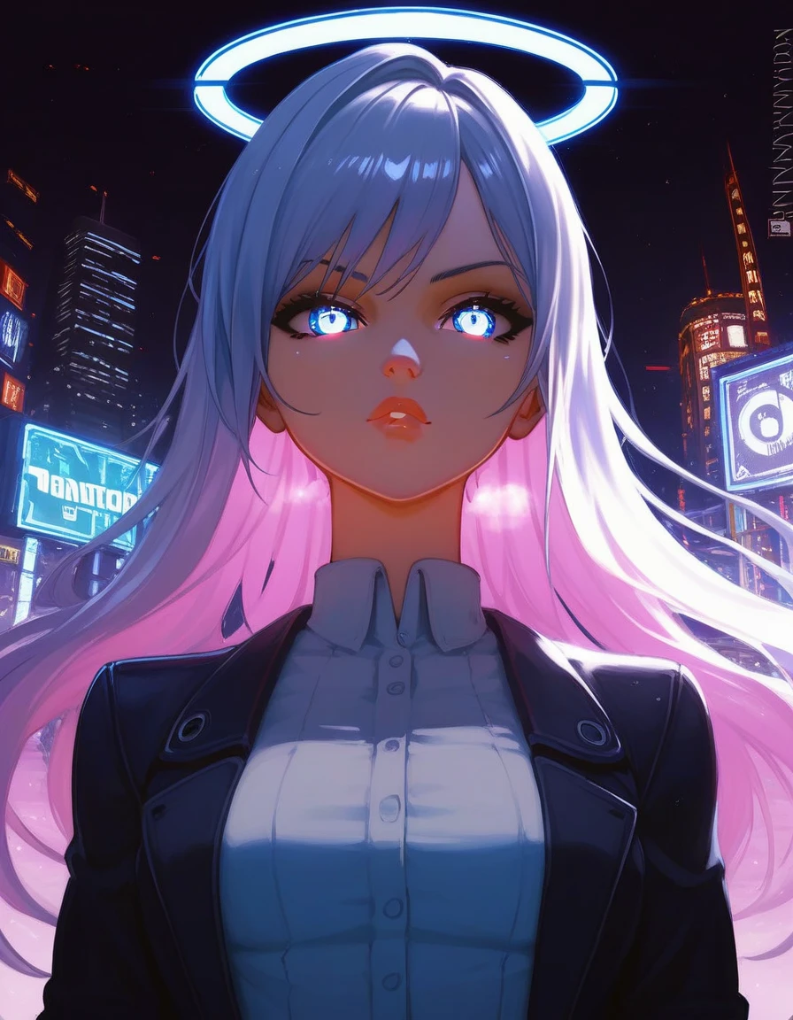 16K, HDR, Renesas Electronics, Ray Tracing, Natural Lighting, absurd, A masterpiece of the finest quality, Perfect anatomically detailed face, Delicate eyes, 1 Girl, Solitary, Wearing a suit, shirt, Top button open, Beautiful hair, extreme beauty, impatience, Cool, breath, windy, Glowing eyes, Serious expression, Dystopian City, Futuristic, Detailed background, The award-winning, Neon lights, Popular on Art Station