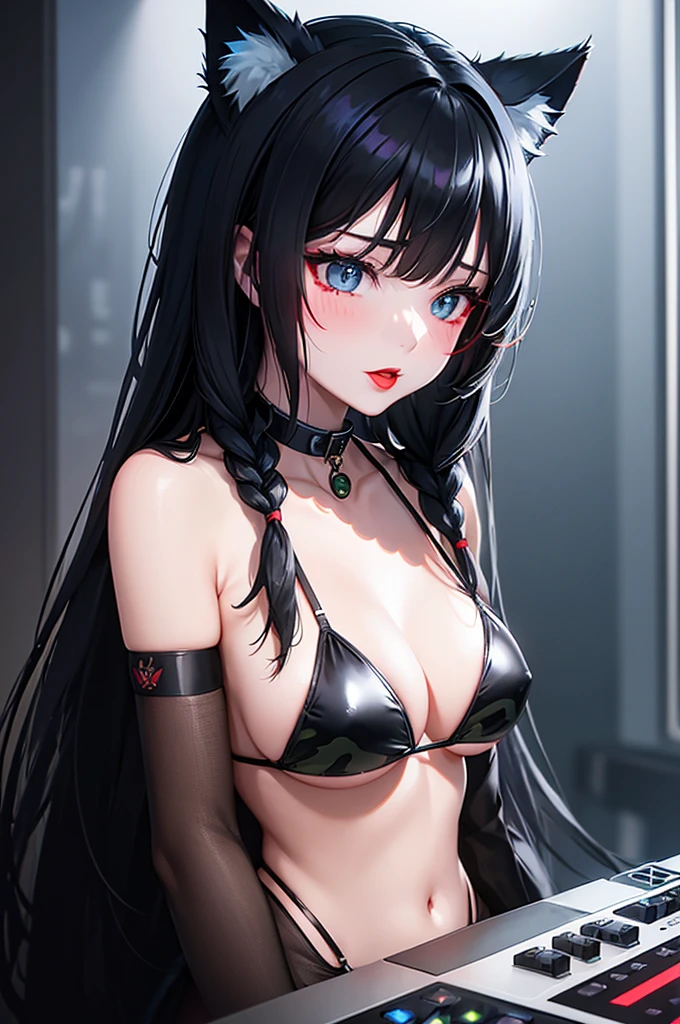Detailed facial details，girl,Red lips，Cat ear，Black long hair，Large Breasts，Collar，Radiant Skin，Wearing black latex bikini，在俱乐部做 DJ 的girl，Lying in bed，Cyberpunk, White and blue gradient braided long hair flashing lights, Neon holographic transparent office，Glass