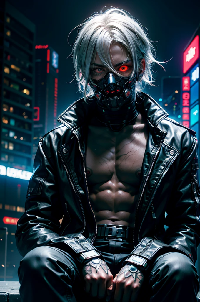 "dark theme :: closeup face focus, ultra realistic futuristic cyberpunk muscular male white hair sitting :: cyberpunk face (cyber eyes) :: cool cybernetic punk jacket red neon eyes :: shirtless:: mechanical intricate mask :: natural lighting :: bokeh :: 8k :: best quality :: masterpiece :: futuristic cityscape background"