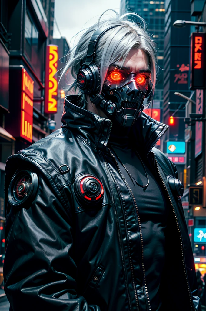 "dark theme :: closeup face focus, ultra realistic futuristic cyberpunk muscular male white hair sitting :: cyberpunk face (cyber eyes) :: cool cybernetic punk jacket red neon eyes :: shirtless:: mechanical intricate mask :: natural lighting :: bokeh :: 8k :: best quality :: masterpiece :: futuristic cityscape background"