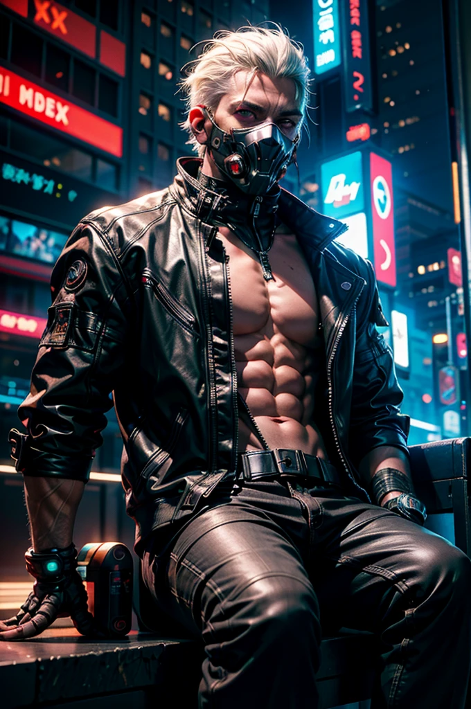 "dark theme :: closeup face focus, ultra realistic futuristic cyberpunk muscular male white hair sitting :: cyberpunk face (cyber eyes) :: cool cybernetic punk jacket red neon eyes :: shirtless:: mechanical intricate mask :: natural lighting :: bokeh :: 8k :: best quality :: masterpiece :: futuristic cityscape background"