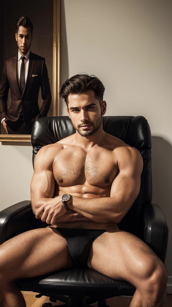 A sexy ceo sitting in his expensive chair, a big potrait hanging in the wall behind him, seductive expression, homoerotic