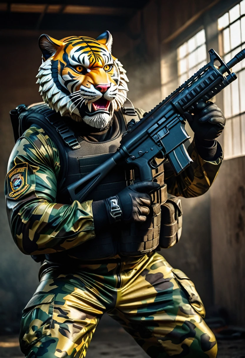 (a dark-skinned bearded fat muscular old man in a bulky army camouflage zipper diver suit) shooting with a gun, (wearing a small-sized realistic roaring tiger mask), dynamic action pose, fierce expression, showcasing an imposing stature, surrounded by military elements, dramatic shadows and intense highlights, cinematic color tones, high detail, powerful, art influenced by Bruce Onobrakpeya and Stanley Artgerm, ultra-detailed, best quality image, action-packed atmosphere