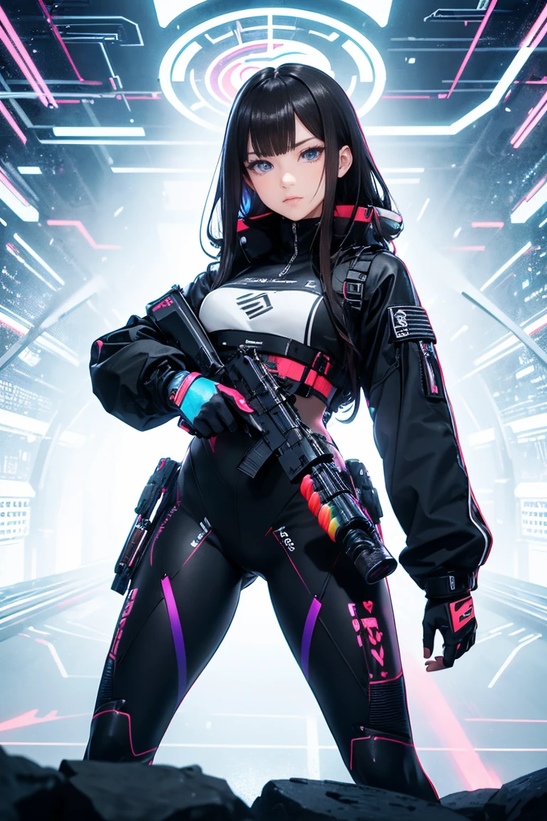 An ultra-realistic and ultra-detailed ((full body portrait)) Intricate Anime Manga Spy Goddess with dark hair, Sneakers, hearts, Standing And Aiming A Bulky Oversized Silenced Gun, Netrunner, Vigilante, Classy, Sassy, Fantastic Colorful Digital Topical Map 🗺️ Background, Futuristic Sexy Fashion Minimalistic Military Clothing, Augmented Reality, Futuristic Rainbow Glowing Presence Of Absolution And Fantastical Force, Sharp Camera Focus, Visual-Depth, Highly Detailed, (Highest Artistic Quality), Over 8k, Upscaled4x.