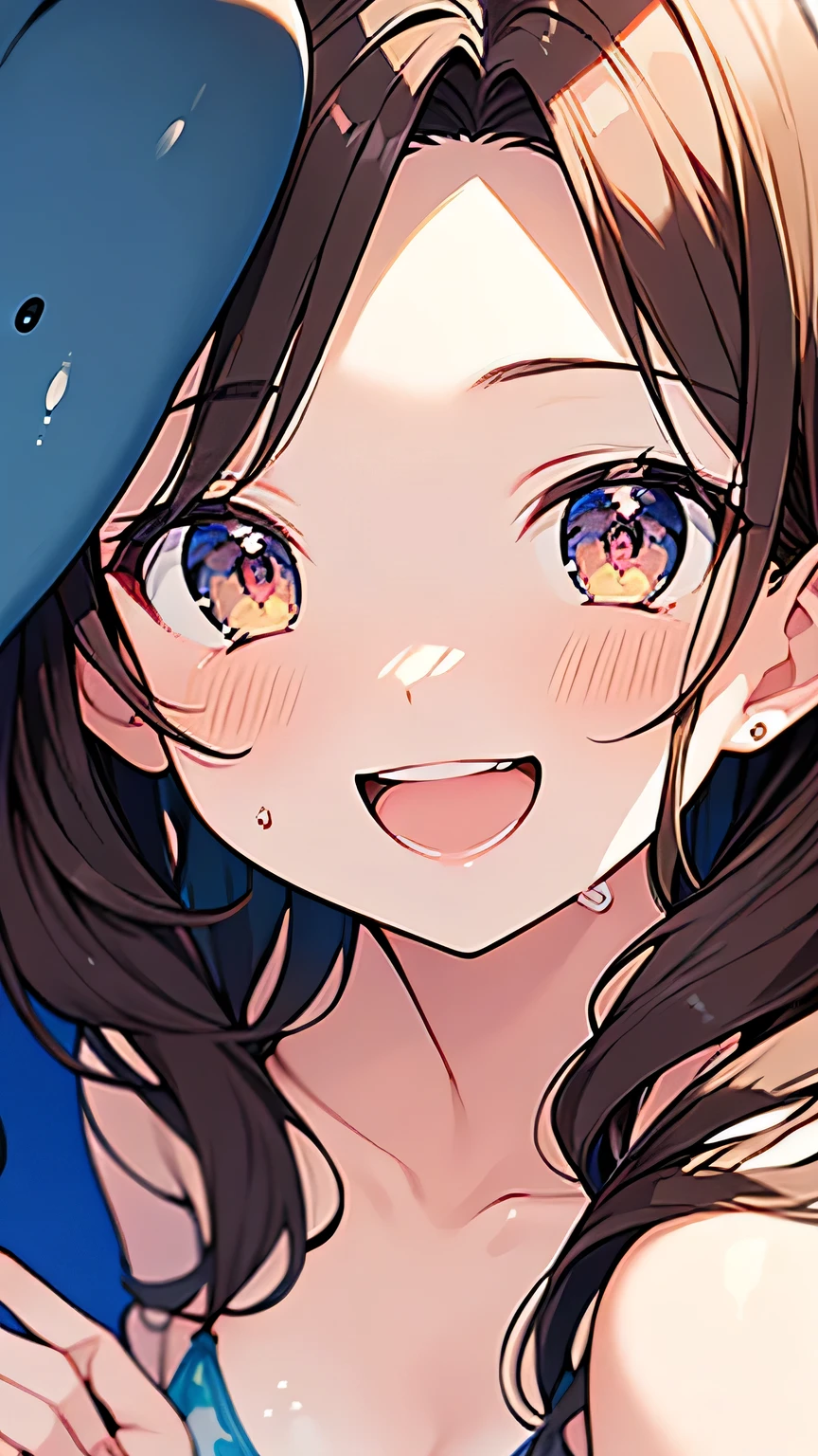 Highest quality, masterpiece, Ultra-high resolution, 8k,
Show anime style , One, Soft Line Art, Digital Enhancement, shojo anime touch, shojo manga core, Flowing fabric, close, Soft Drawing, Ultra High Definition Digital Anime Art, Clear facial depiction, Highly detailed girl manga character art, Ultra-detailed manga style, Highest qualityの色,
(Short brown hair), Wet Hair,Beautiful brown hair, Clear brown eyes, A little chubby,Small breasts,Small butt,(((Best open mouth smile))),wave hands,
Summer sky,Midsummer,(((Ride a dolphin float offshore))),fun,Splattering splashes,Sexy bikini swimwear,((Smile)),Angle from the front,(((Face close up)))