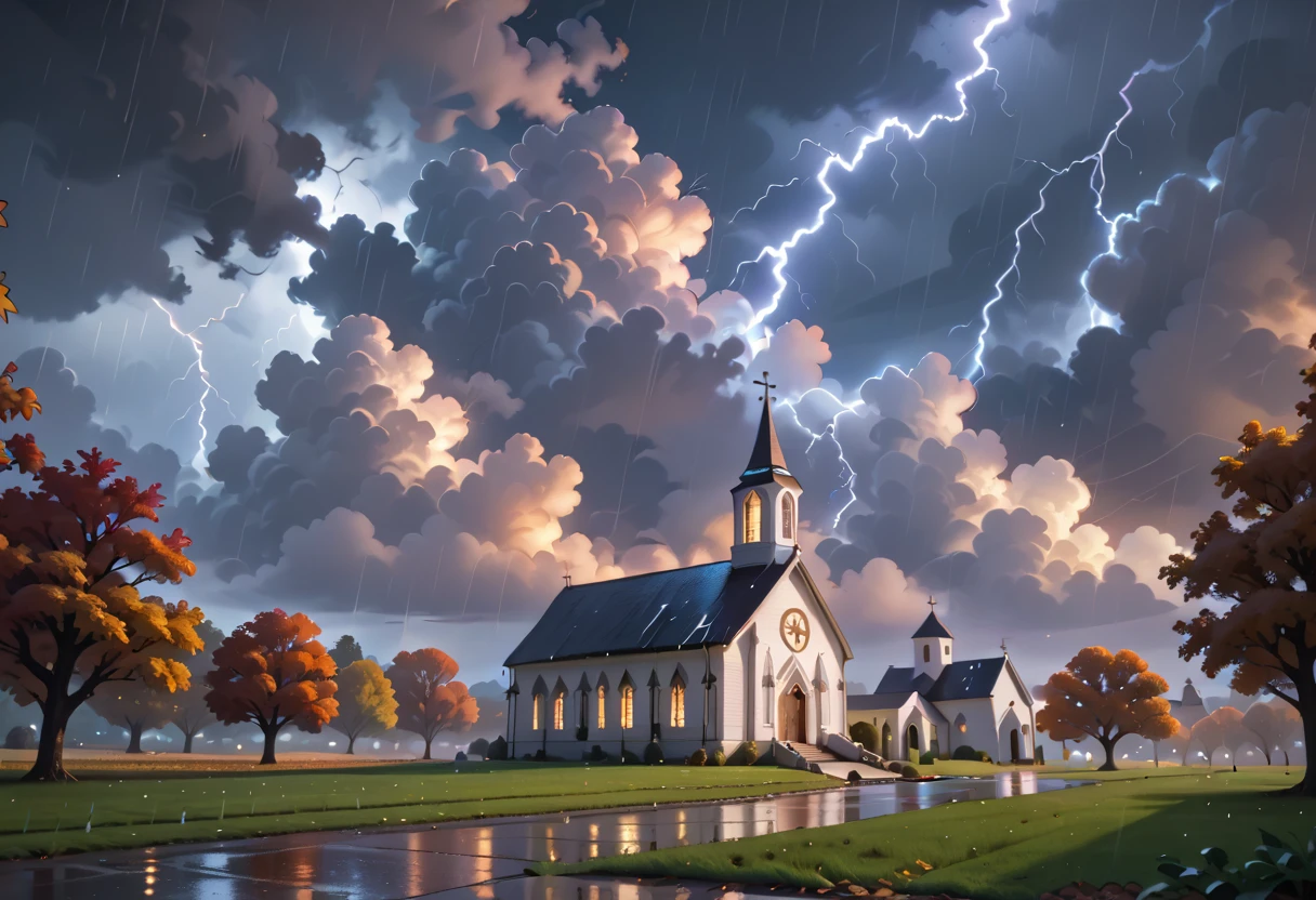 white church, smoke, prairie, autumn, rainy night, nighttime, midnight, cloudy skies, lightning, cloudy, raining, rain, masterpiece quality, ultra HD, 4K, best quality