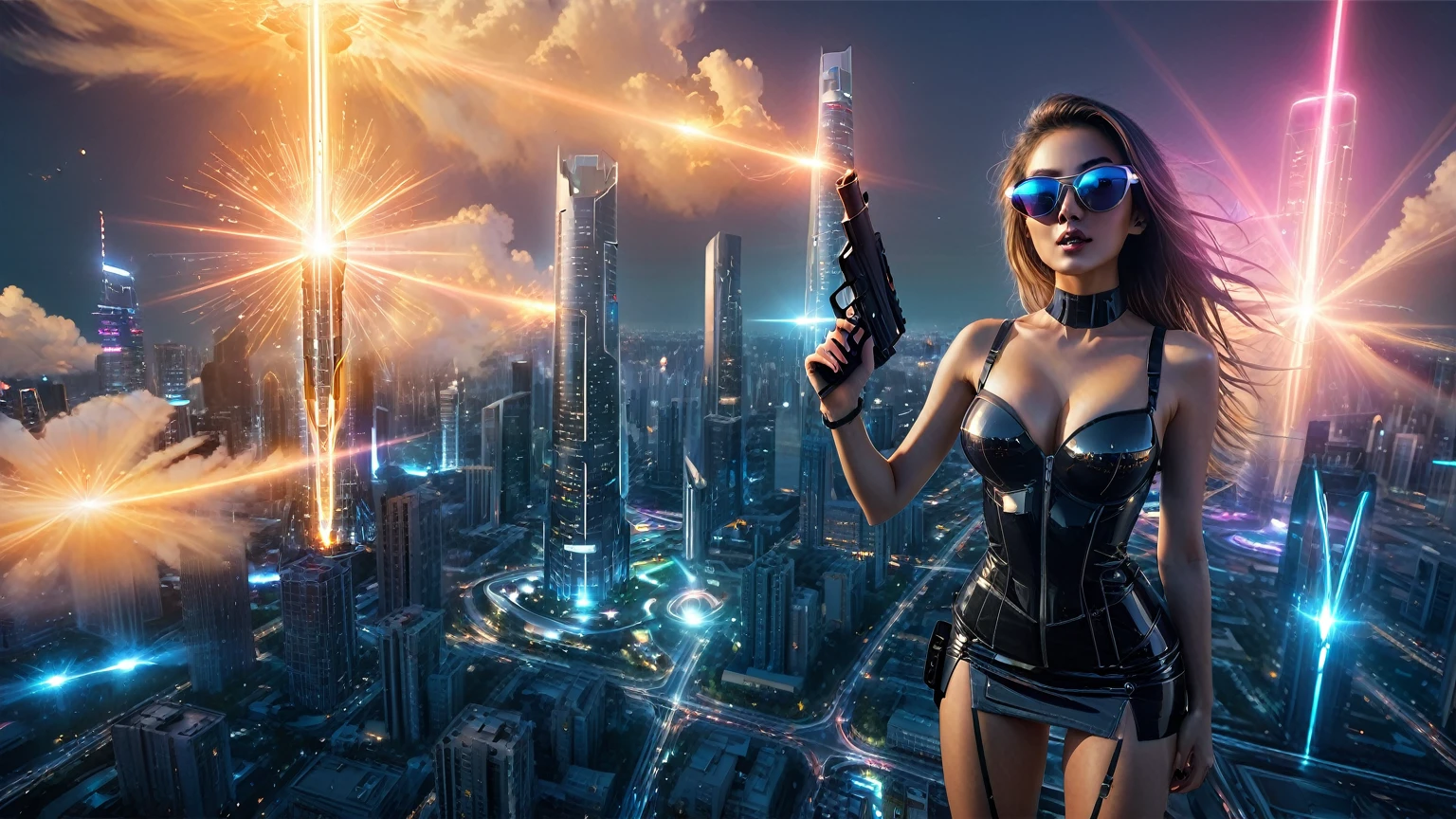 At dark night, aerial view of futuristic sci-fi cyberpunk city, skyscrapers, (flying vehicle), vortex-spirit-spreading giant hologram ((clock tower)) as time machine, Matrix style, (1girl, solo), large-breast:1.2 slim body, cleavage:1.3, tube top, miniskirt, (mini black sunglasses), ((holding a laser pistol)), dynamic pose, half-body thigh level medium shot, cinematic lighting, lens flare, ray tracing.