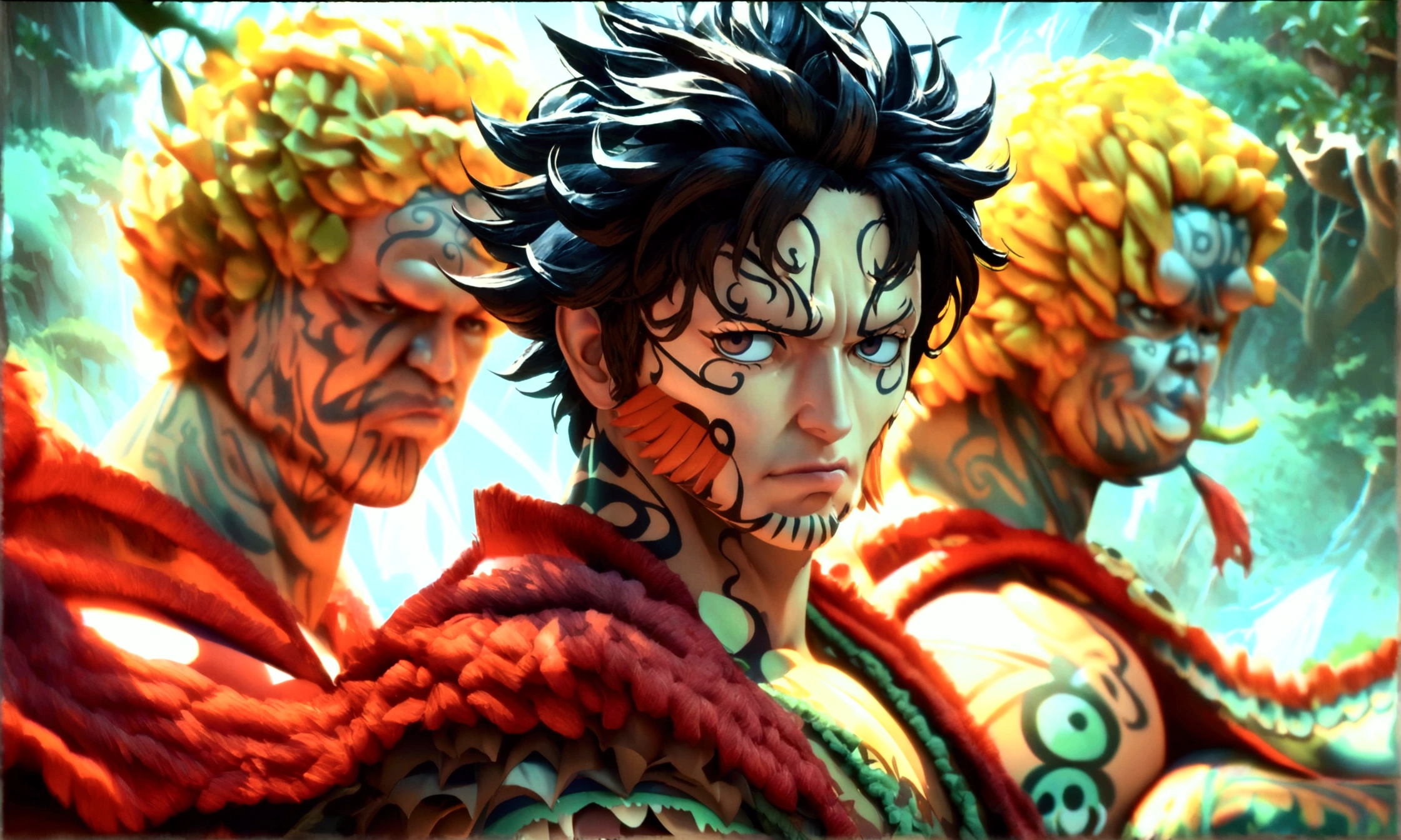 Fat man, fighter costume, fighter expression, "Anime character design inspired by One Piece, full of dramatic and impressive lighting, focus on the centralized character, impressive face, full of creative details, 4K ultra-fine design, scenery bathed in creativity, boasting 2D anime resolution clarity, HD anime graphics, high-octane rendering"