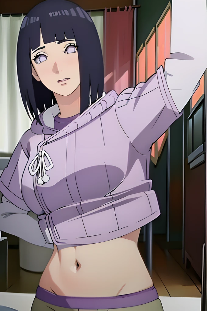 masterpiece, absurd, Hinata\(Boruto\), 1 woman, alone,mature woman, Purple hoodie,layered sleeves, brown pants, looking at viewer, perfect composition, detailed lips, big bust, beautiful face, body ratio, blush, (pink lips), short hair, purple eyes, Gentle gaze, sad smile, surreal, detailed, Photo shoot, Realistic face and body, realistic hair, realistic eyes, Realistic nose, realistic lips, stretching, Raise both arms above your head, top lifted, slightly visible stomach, Sober Clothes, mom
