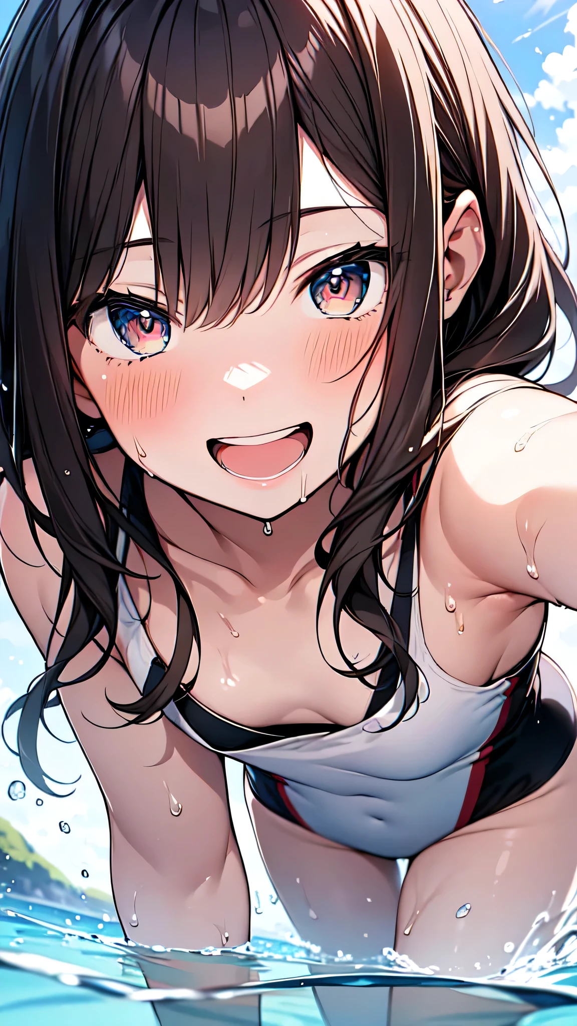 Highest quality, masterpiece, Ultra-high resolution, 8k,
Show anime style , 1 girl, Soft Line Art, Digital Enhancement, shojo anime touch, shojo manga core, Flowing fabric, close, Soft Drawing, Ultra High Definition Digital Anime Art, Clear facial depiction, Highly detailed girl manga character art, Ultra-detailed manga style, Highest qualityの色,
(Short brown hair), Wet Hair,Beautiful brown hair, Clear brown eyes, A little chubby,Small breasts,Small butt,(((Best open mouth smile))),wave hands,
Summer sky,Midsummer,Playing in the water with friends on the beach,Splashing water on each other,Splattering splashes,Get excited,One piece swimsuit,((Smiling with teeth showing)),Half submerged in the sea,,Angle from the front,(((Face close up))),Anatomically correct hand