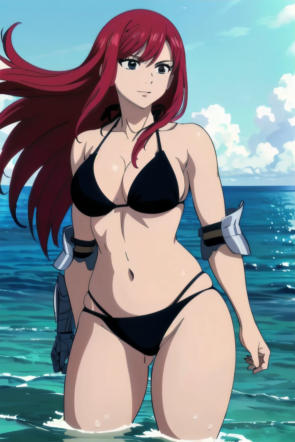 (black bikini only:1.6), (broken armor:1.4), groin, (vibrance:1.3), (beach during day time:1.4), windy, ultra detailed face, perfect anatomy, (cowboy shot:1.6), from front, fighting stance, ultra detailed body and face, (thick arms:1.6), perfect body proportions, (legs submerged in water:1.3), highest quality, 1girl, solo, (very little biceps) , smile, ERZASCARLET, BARE SHOULDERS, (big round breasts:1.2) cleavage, off-shoulder, tall girl, (long hair:1.7), (free flowing hair:1.4), (floating hair:1.7), ultra detailed red hair, open mouth, big eyes, long belly, wide shoulders, beach, For the image quality, please prioritize (best quality, highres, masterpiece:1.8), itional prefixes
