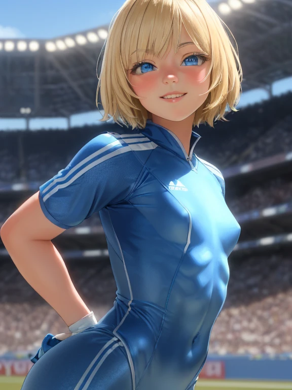 masterpiece, realistic, 8 K, (1 cute 18 year old girl with nice small firm breasts:1.5), Russian, blue-white-blue football uniform with inscription "Zenith", (blonde hair:1.1) , shortcut, (pixie haircut:1.2), Blue eyes, developed athletic muscles, athletic build, looking into the distance, smile、Turning, I don&#39;t wear a bra because it&#39;s uncomfortable, highest quality human skin texture, Realistic skin, Beautiful face, expressive look, upper body