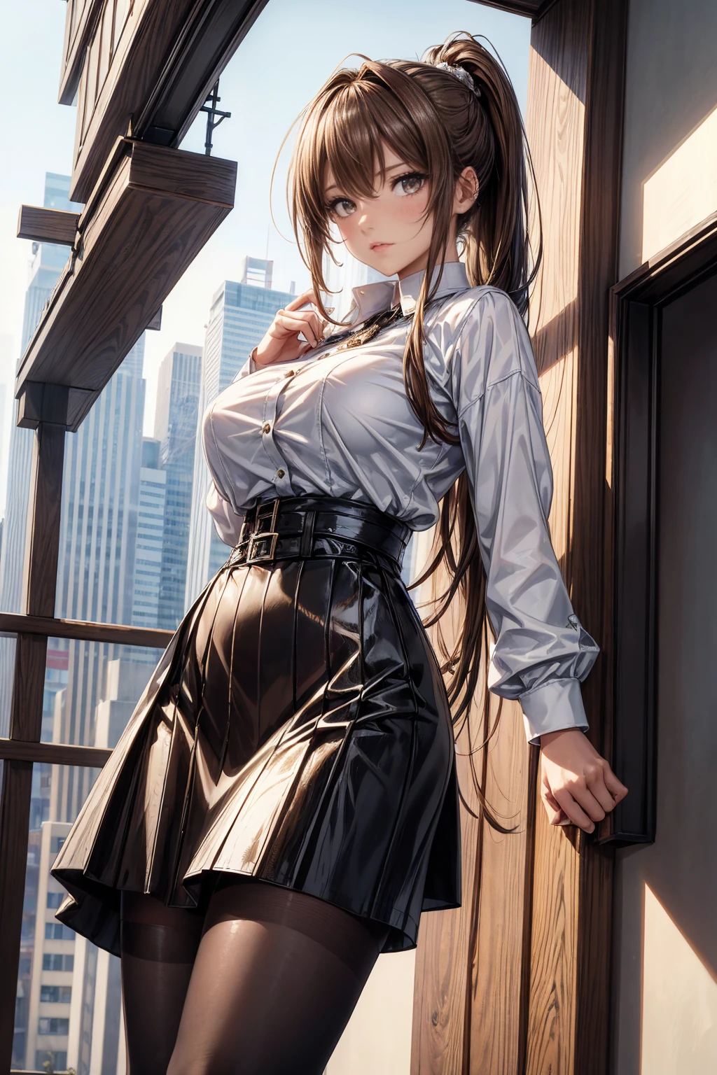 (masterpiece, Highest quality), Intricate details, 8k, Art Station, wallpaper, Official Art,  Sharp focus, One girl,Toned body、 Long Hair,ponytail,  Brown Hair, , office lady,White patent leather shirt、Black enamel tight skirt、tights、 printing, Cold Eyes , Muddy eyes、skyscraper, city, building, car, street,