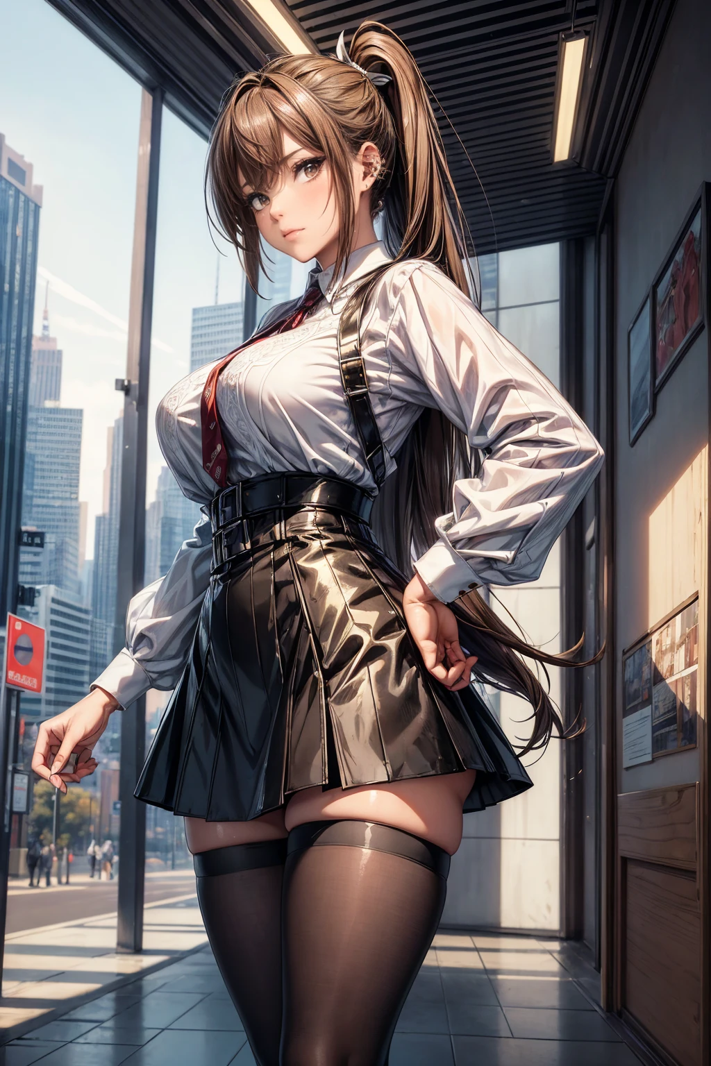 (masterpiece, Highest quality), Intricate details, 8k, Art Station, wallpaper, Official Art,  Sharp focus, One girl,Toned body、 Long Hair,ponytail,  Brown Hair, , office lady,White patent leather shirt、Black enamel tight skirt、tights、 printing, Cold Eyes , Muddy eyes、skyscraper, city, building, car, street,