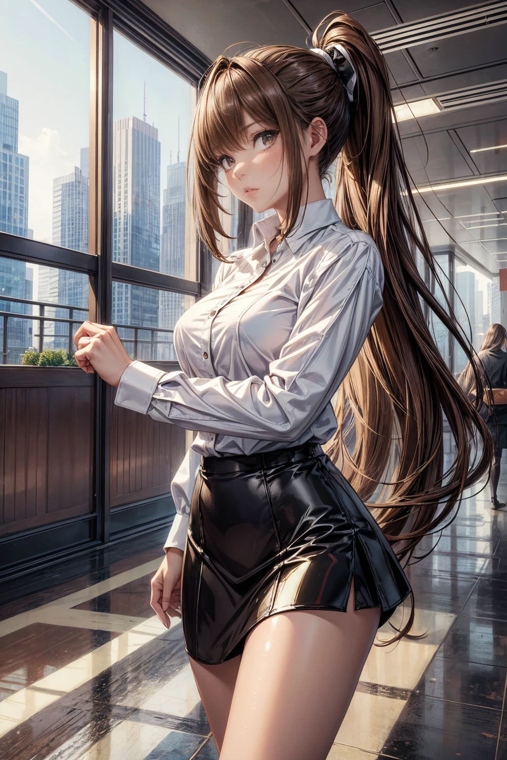 (masterpiece, Highest quality), Intricate details, 8k, Art Station, wallpaper, Official Art,  Sharp focus, One girl,Toned body、 Long Hair,ponytail,  Brown Hair, , office lady,White patent leather shirt、Black enamel tight skirt、tights、 printing, Cold Eyes , Muddy eyes、skyscraper, city, building, car, street,