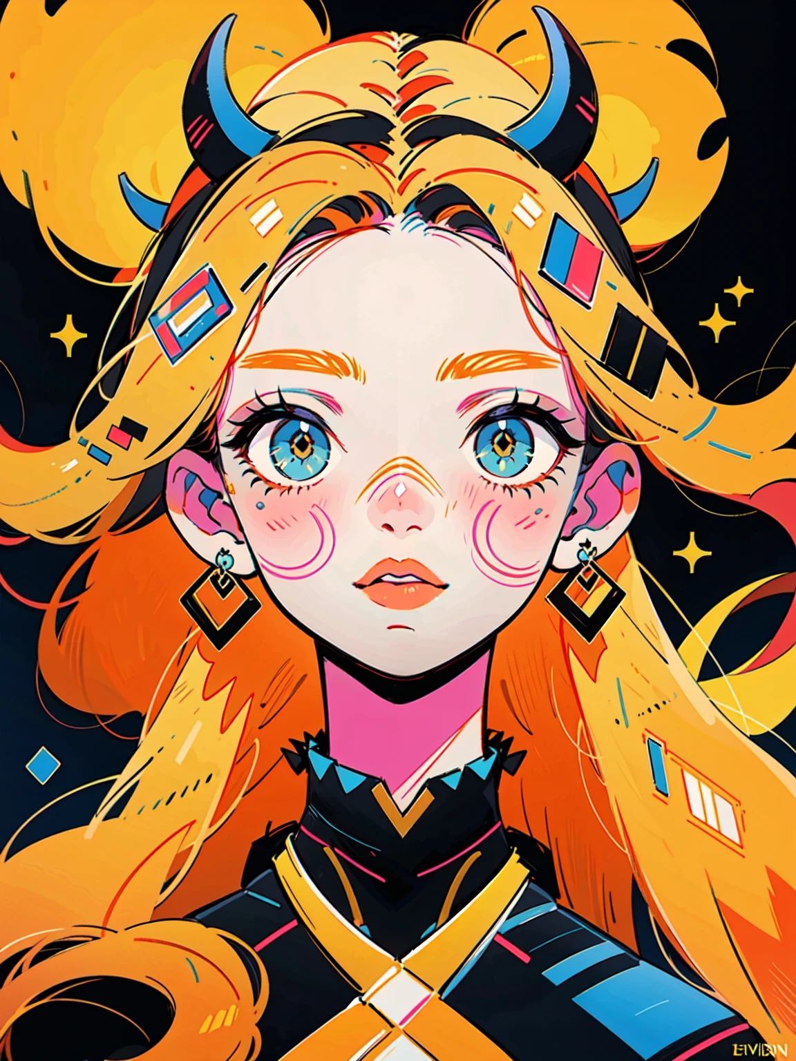 4lb1n0, 1girl, neon orange hair, Big eyes, Flower pattern on eyes, Pupil shape, radiant green eyes, geometric earrings, spandex outfit, matte fuchsia lips, portrait with a dynamic pose, laser light show background, masterpiece, best quality, cut3h0rnstyl3, looking up, horns, (Laser Show Demon)

