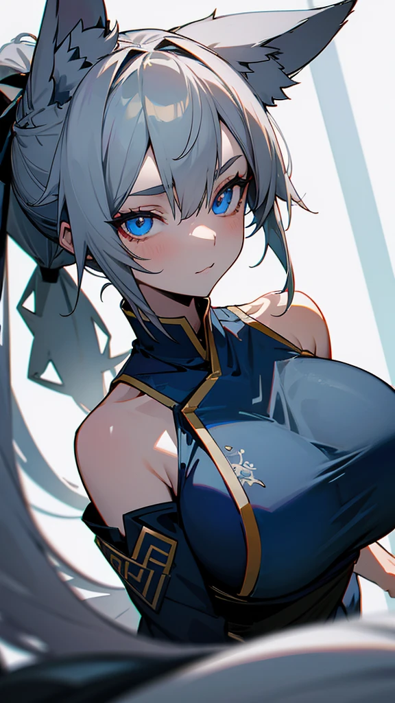 Wolf girl,gray hair tied in a ponytail,wolf ears,blue eyes,frightening look,oriental dress in blue,big breasts,close-up