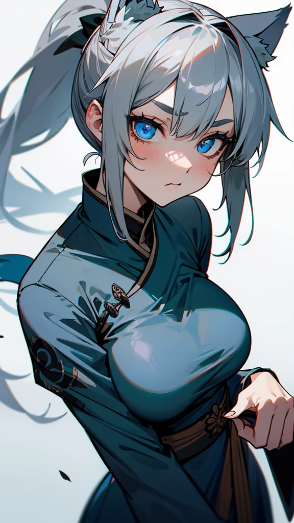 Wolf girl,gray hair tied in a ponytail,wolf ears,blue eyes,frightening look,oriental dress in blue,big breasts,close-up