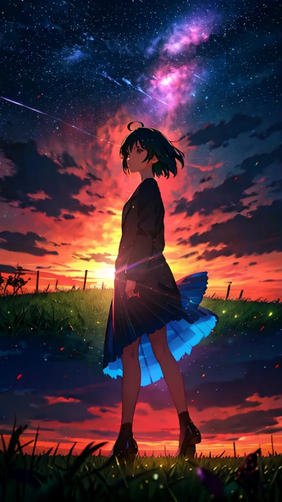 a girl standing on a grass field at night time, makoto shinkai art style, comixwave art style, comet in the sky, vibrant colours