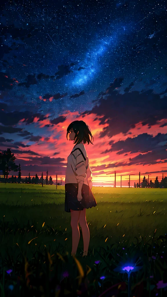 a girl standing on a grass field at night time, makoto shinkai art style, comixwave art style, comet in the sky, vibrant colours