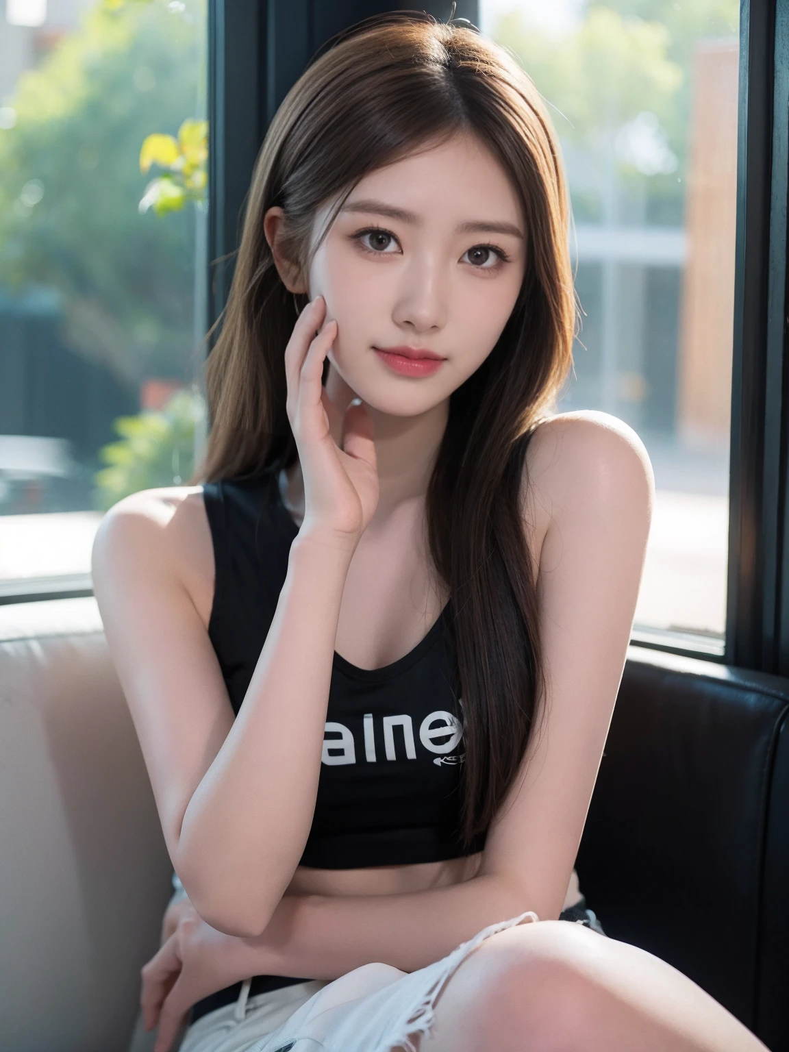 1 girl, drinking coffee, blue eyes, eye details, high nose, shoulder length hair, wearing a tight black t-shirt, tank top, exposed belly, short white jeans, nice waist, nice breasts, nice slim tuft , holding a book, ancient cafe space, sitting near the window, transparent curtains, light from the window, realistic light, girl smiling naturally, photo taken with a Canon EOS DSLR camera R5 with 35mm lens with f/1.4 aperture