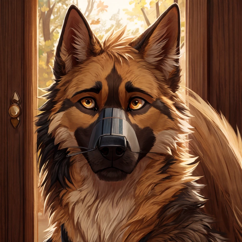 The father is a German Shepherd, a stocky and strong male with a muscular frame. His fur is a deep tan color, with patches of black around his ears and muzzle. He stands at an impressive height, his head almost reaching the top of door frames. He has a square, powerful jaw and piercing amber eyes that seem to miss nothing. His expression is stoic, yet there is a gentleness to his gaze, particularly when he looks at his wife and son.
The mother is a German Shepherd as well, with a more slender and elegant build than her husband. Her fur is a lighter tan color with creamy undercoat. Her ears are shorter and rounder. Her face is delicate and feminine, with a slender muzzle and a sweet expression. Long, wavy locks of lighter fur frame her face, which falls just past her shoulders. Her deep, golden eyes have a warmth and tenderness that matches her gentle demeanor.
The son is a young German Shepherd, slender and still growing into his lanky frame. His fur is a mix of his parent's colors, a light tan with black patches on his ears, muzzle, and paws. His big, round eyes are a deep golden brown, full of curiosity and vibrance. His hair is a deep golden brown, messy and falling over his face. He has a friendly, approachable demeanor and a hint of mischief in his expression.