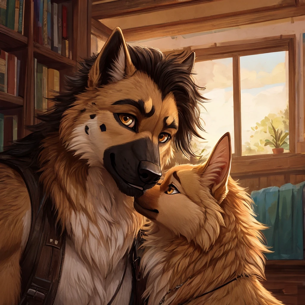 The father is a German Shepherd, a stocky and strong male with a muscular frame. His fur is a deep tan color, with patches of black around his ears and muzzle. He stands at an impressive height, his head almost reaching the top of door frames. He has a square, powerful jaw and piercing amber eyes that seem to miss nothing. His expression is stoic, yet there is a gentleness to his gaze, particularly when he looks at his wife and son.
The mother is a German Shepherd as well, with a more slender and elegant build than her husband. Her fur is a lighter tan color with creamy undercoat. Her ears are shorter and rounder. Her face is delicate and feminine, with a slender muzzle and a sweet expression. Long, wavy locks of lighter fur frame her face, which falls just past her shoulders. Her deep, golden eyes have a warmth and tenderness that matches her gentle demeanor.
The son is a young German Shepherd, slender and still growing into his lanky frame. His fur is a mix of his parent's colors, a light tan with black patches on his ears, muzzle, and paws. His big, round eyes are a deep golden brown, full of curiosity and vibrance. His hair is a deep golden brown, messy and falling over his face. He has a friendly, approachable demeanor and a hint of mischief in his expression.