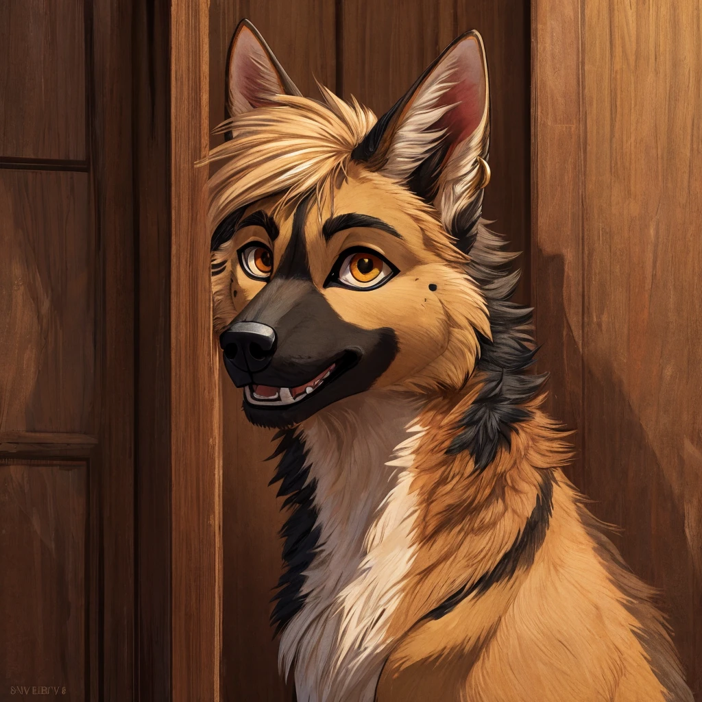 The father is a German Shepherd, a stocky and strong male with a muscular frame. His fur is a deep tan color, with patches of black around his ears and muzzle. He stands at an impressive height, his head almost reaching the top of door frames. He has a square, powerful jaw and piercing amber eyes that seem to miss nothing. His expression is stoic, yet there is a gentleness to his gaze, particularly when he looks at his wife and son.

The mother is a German Shepherd as well, with a more slender and elegant build than her husband. Her fur is a lighter tan color with creamy undercoat. Her ears are shorter and rounder. Her face is delicate and feminine, with a slender muzzle and a sweet expression. Long, wavy locks of lighter fur frame her face, which falls just past her shoulders. Her deep, golden eyes have a warmth and tenderness that matches her gentle demeanor.

The son is a young German Shepherd, slender and still growing into his lanky frame. His fur is a mix of his parent's colors, a light tan with black patches on his ears, muzzle, and paws. His big, round eyes are a deep golden brown, full of curiosity and vibrance. His hair is a deep golden brown, messy and falling over his face. He has a friendly, approachable demeanor and a hint of mischief in his expression.