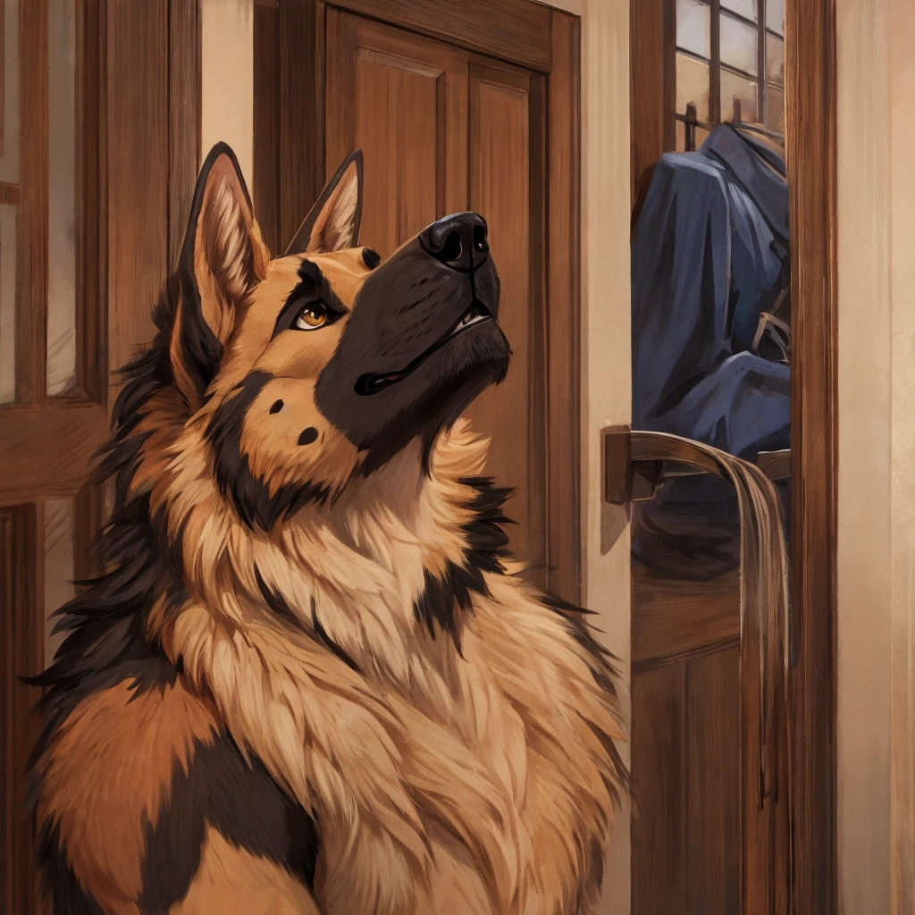 The father is a German Shepherd, a stocky and strong male with a muscular frame. His fur is a deep tan color, with patches of black around his ears and muzzle. He stands at an impressive height, his head almost reaching the top of door frames. He has a square, powerful jaw and piercing amber eyes that seem to miss nothing. His expression is stoic, yet there is a gentleness to his gaze, particularly when he looks at his wife and son.
The mother is a German Shepherd as well, with a more slender and elegant build than her husband. Her fur is a lighter tan color with creamy undercoat. Her ears are shorter and rounder. Her face is delicate and feminine, with a slender muzzle and a sweet expression. Long, wavy locks of lighter fur frame her face, which falls just past her shoulders. Her deep, golden eyes have a warmth and tenderness that matches her gentle demeanor.
The son is a young German Shepherd, slender and still growing into his lanky frame. His fur is a mix of his parent's colors, a light tan with black patches on his ears, muzzle, and paws. His big, round eyes are a deep golden brown, full of curiosity and vibrance. His hair is a deep golden brown, messy and falling over his face. He has a friendly, approachable demeanor and a hint of mischief in his expression.