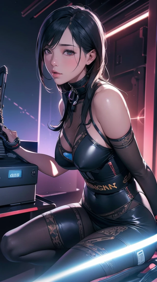 1. Machine Girl,((Ultra-Realistic Details)), Portraiture, Global Illumination, Shadow, Octane Rendering, 8k, Ultra Sharp,Metal,Complex, Decorations detailed, Cool colors, More about Egypt, highly Complex details, Realistic Light, Trending on CGSociety, Glowing Eyes, To the camera, Neon Details, Mechanical limbs,Blood vessels connected to tubes,Mechanical vertebrae attached to the back,Cervical vertebrae mechanically attached to the neck,Sitting,Wires and cables connecting to the pussy