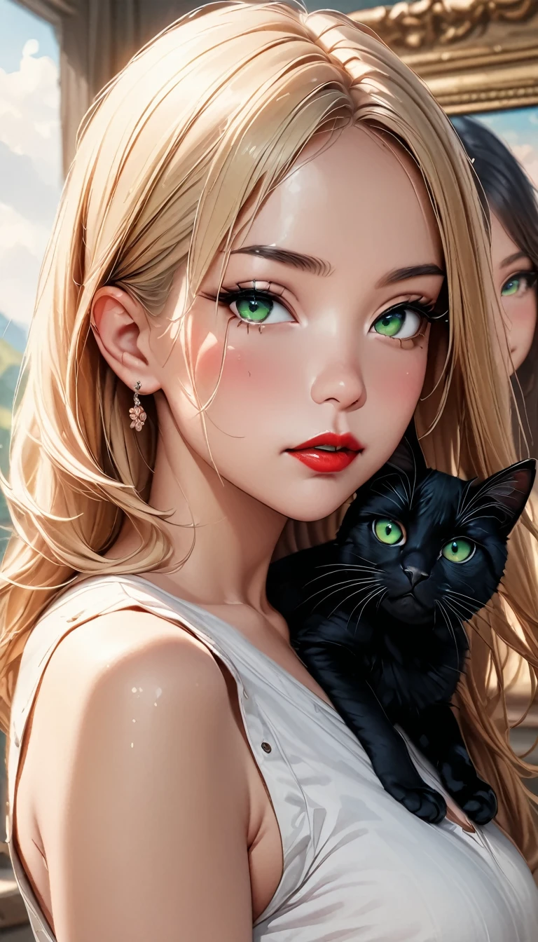 (((masterpiece))),(((Highest quality))),((Very detailed)),8k, alone, beautiful girl, (Very delicate and beautiful face), (Beautiful eyes in every detail), Black cat, compensate, blush, lipstick, Red lips, Portraiture, Realistic, Green Eyes, View your viewers, Painting, butterfly,