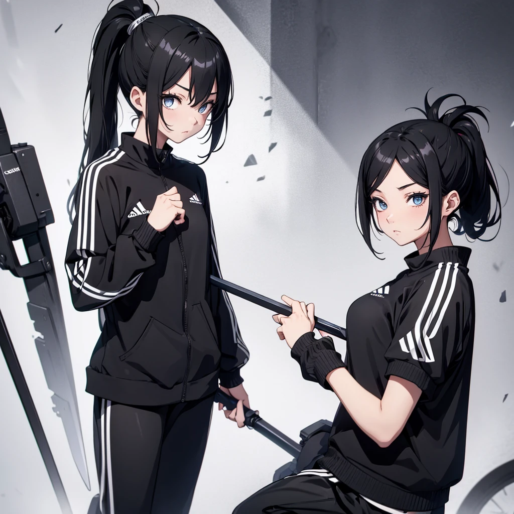 anime style woman , ponytail hair ,Bblack hair  , 18-years old , expression would be , eyes black , ice sword  , black leagwear , black pants , adidas black shirt