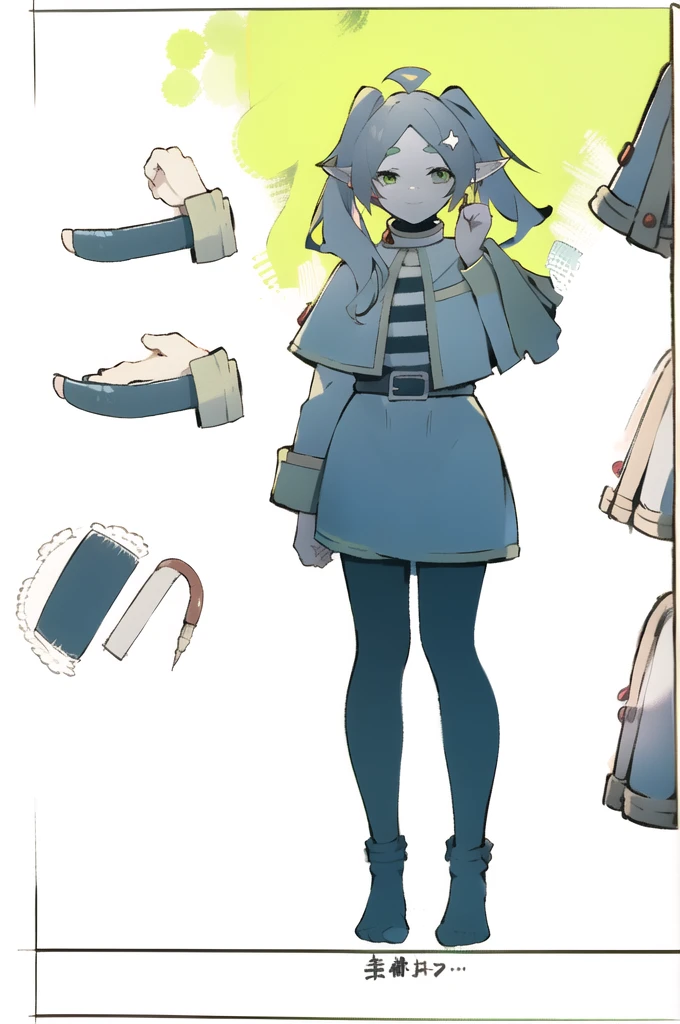 Multiple Views, pencil spoontch, (spoontch:1.25), (Girl,,), ((No shoes)), shy, Highest quality, graphite \\(Moderate\\), spoon, Slope, rainbow, Note, Line Draft, High resolution, Absurd, (Very detailed:1.1), (figure:1.1), (Infographic:1.2), pajamas, (All clothing configurations:1.15), (alone), Perfectly drawn hands, Are standing, Consistent background, paper, action, (Character Design:1.1), 
Ticker, Twin tails, One girl, Pointed Ears, Round face, Gray Hair, Green Eyes, Fairy, pantyhose, Long Hair, Earrings, 
Nirou, One girl, chest, alone, smile, jewelry, horn,