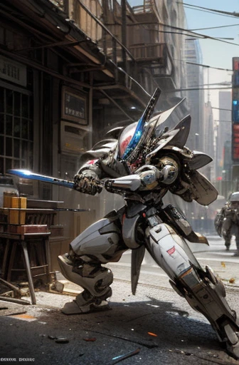 MECA,robot,droid,holding_weapon,city,masterpiece,best quality,super detailed,super fine illustration,battle scene,