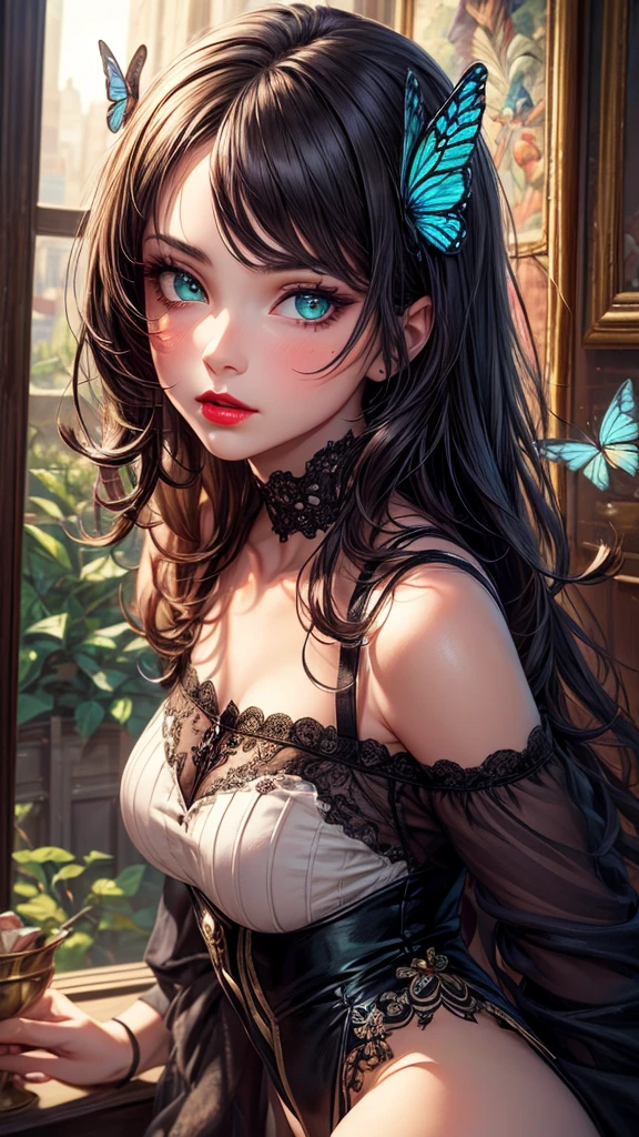 (((masterpiece))),(((Highest quality))),((Very detailed)),8k, alone, beautiful girl, (Very delicate and beautiful face), (Beautiful eyes in every detail), Black cat, compensate, blush, lipstick, Red lips, Portraiture, Realistic, Green Eyes, View your viewers, Painting, butterfly,