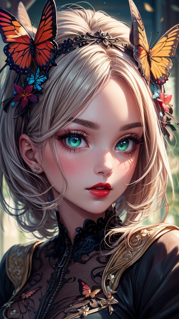 (((masterpiece))),(((Highest quality))),((Very detailed)),8k, alone, beautiful girl, (Very delicate and beautiful face), (Beautiful eyes in every detail), Black cat, compensate, blush, lipstick, Red lips, Portraiture, Realistic, Green Eyes, View your viewers, Painting, butterfly,