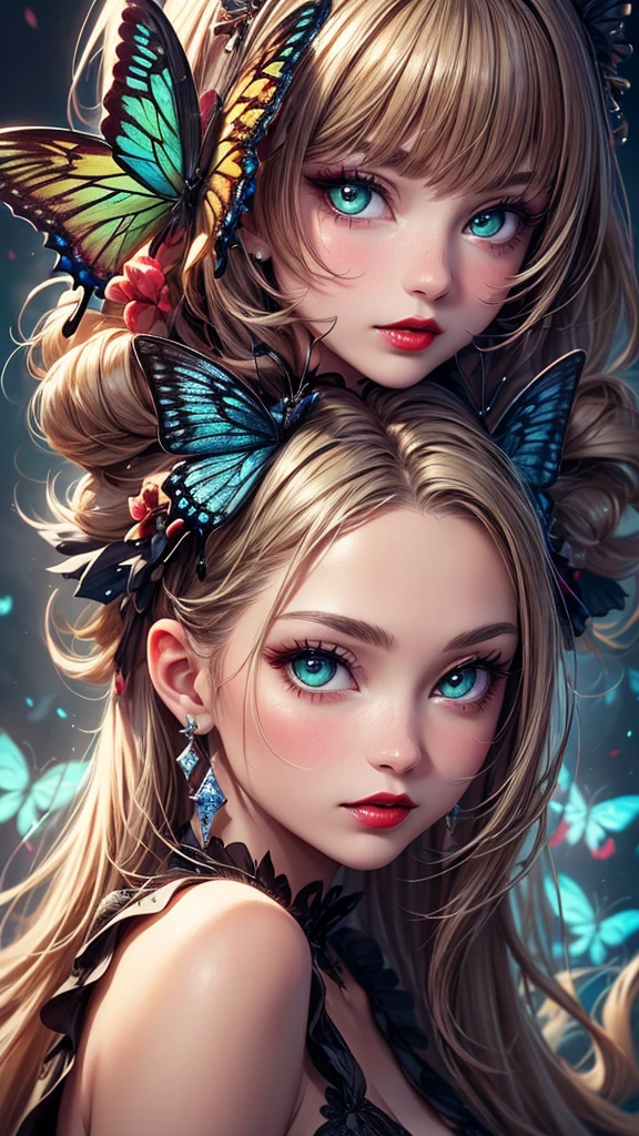 (((masterpiece))),(((Highest quality))),((Very detailed)),8k, alone, beautiful girl, (Very delicate and beautiful face), (Beautiful eyes in every detail), Black cat, compensate, blush, lipstick, Red lips, Portraiture, Realistic, Green Eyes, View your viewers, Painting, butterfly,