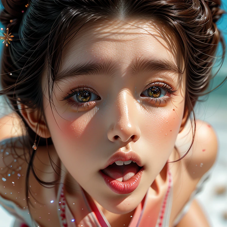 ExtremelyDetailed Kawaii girl Face, (Close-up Sweet lips) glossy lips with beautiful details, (Coquettish tongue Moving as if (Kissing) to camera), an extremely delicate and beautiful (8K TopQuality Masterpiece of Ultra-detailed(ProfessionalPhoto:1.37)), {Amazing|finely detail|official art|incredibly absurdres} (close-up:1.22), fish eye lens (wide lens) macro lens, Detailed reflective Eyes ElaboratePupils with (sparkling highlights:1.28) (Delicate Voluminous LongEyelashes:0.88), {(from Above:1.28)|Visible back of throat|String of saliva drip|(naked shoulder:1.32)}, (Dripping juice on tongue:1.23) snow particles 
