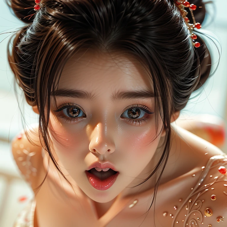 ExtremelyDetailed Kawaii girl Face, (Close-up Sweet lips) glossy lips with beautiful details, (Coquettish tongue Moving as if (Kissing) to camera), an extremely delicate and beautiful (8K TopQuality Masterpiece of Ultra-detailed(ProfessionalPhoto:1.37)), {Amazing|finely detail|official art|incredibly absurdres} (close-up:1.22), fish eye lens (wide lens) macro lens, Detailed reflective Eyes ElaboratePupils with (sparkling highlights:1.28) (Delicate Voluminous LongEyelashes:0.88), {(from Above:1.28)|Visible back of throat|String of saliva drip|(naked shoulder:1.32)}, (Dripping juice on tongue:1.23) snow particles 
