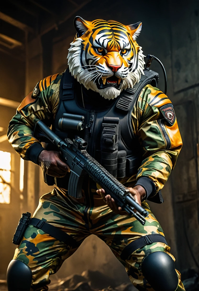 (a dark-skinned bearded fat muscular old man in a bulky army camouflage zipper diver suit) holding a gun, (wearing a small-sized realistic roaring tiger mask), dynamic action pose, fierce expression, showcasing an imposing stature, surrounded by military elements, dramatic shadows and intense highlights, cinematic color tones, high detail, powerful, art influenced by Bruce Onobrakpeya and Stanley Artgerm, ultra-detailed, best quality image, action-packed atmosphere.