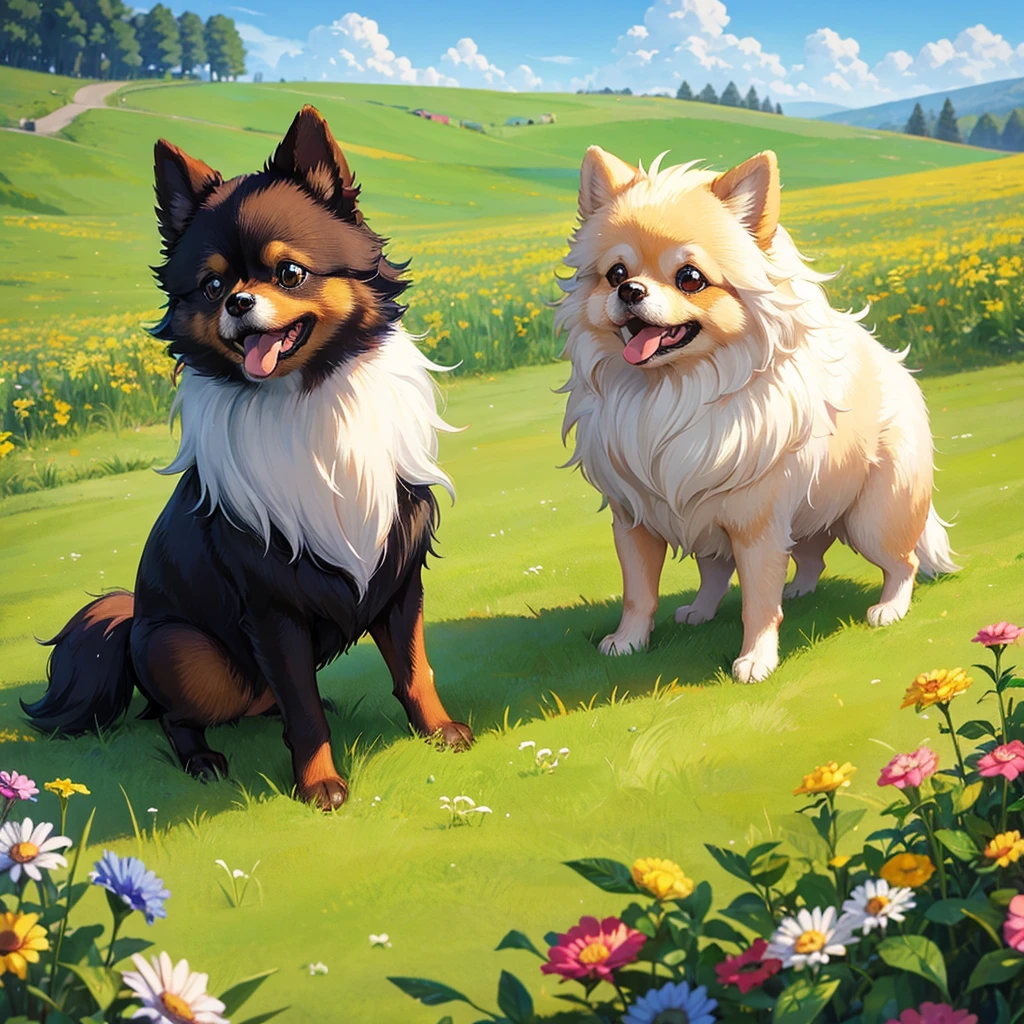 Simple and cute dog(Pomeranian)vibrant meadow design