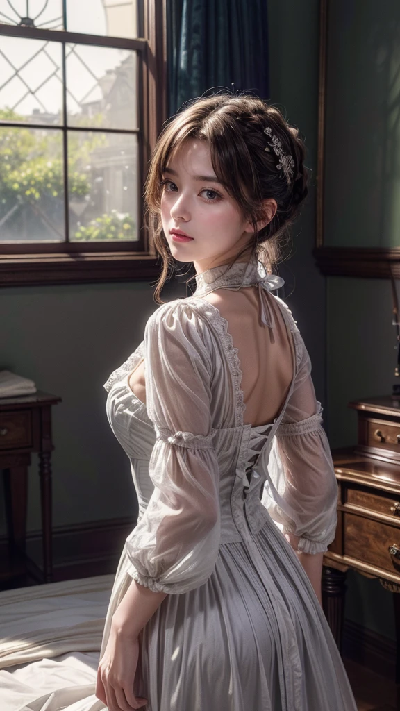 masterpiece, best quality, (Highly detailed CG Unity 8k wallpaper), (best quality), (Best Illustration), (Best shadow), (Stable Diffusion Model), Violet Evergarden, sparkling, beautiful, Victorian bedroom, Dynamic Lighting, Depth of Field