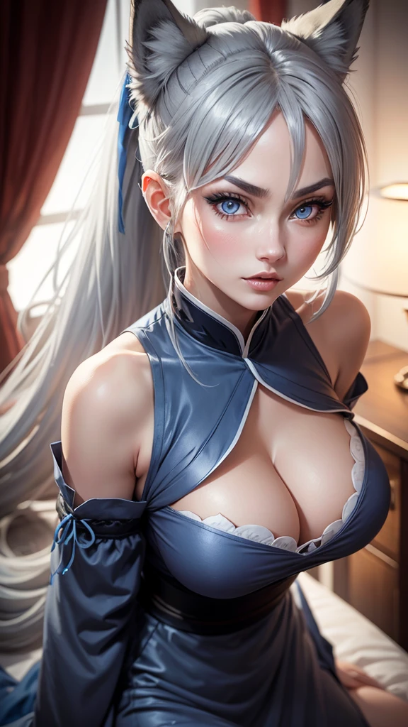 Wolf girl,gray hair tied in a ponytail,wolf ears,blue eyes,frightening look,oriental dress in blue,,close-up