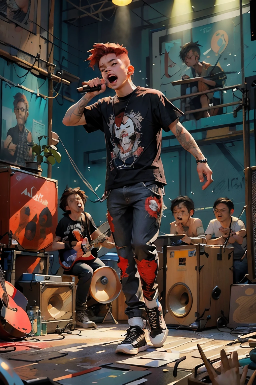 ((best quality)), ((masterpiece)), (detailed), ((best quality)), ((masterpiece)), (detailed), a group band singing, the exploited punk rock band, full body, on the stage(posters)sound system, mohawk hair(red color), in the concert, crowded people, many lightings