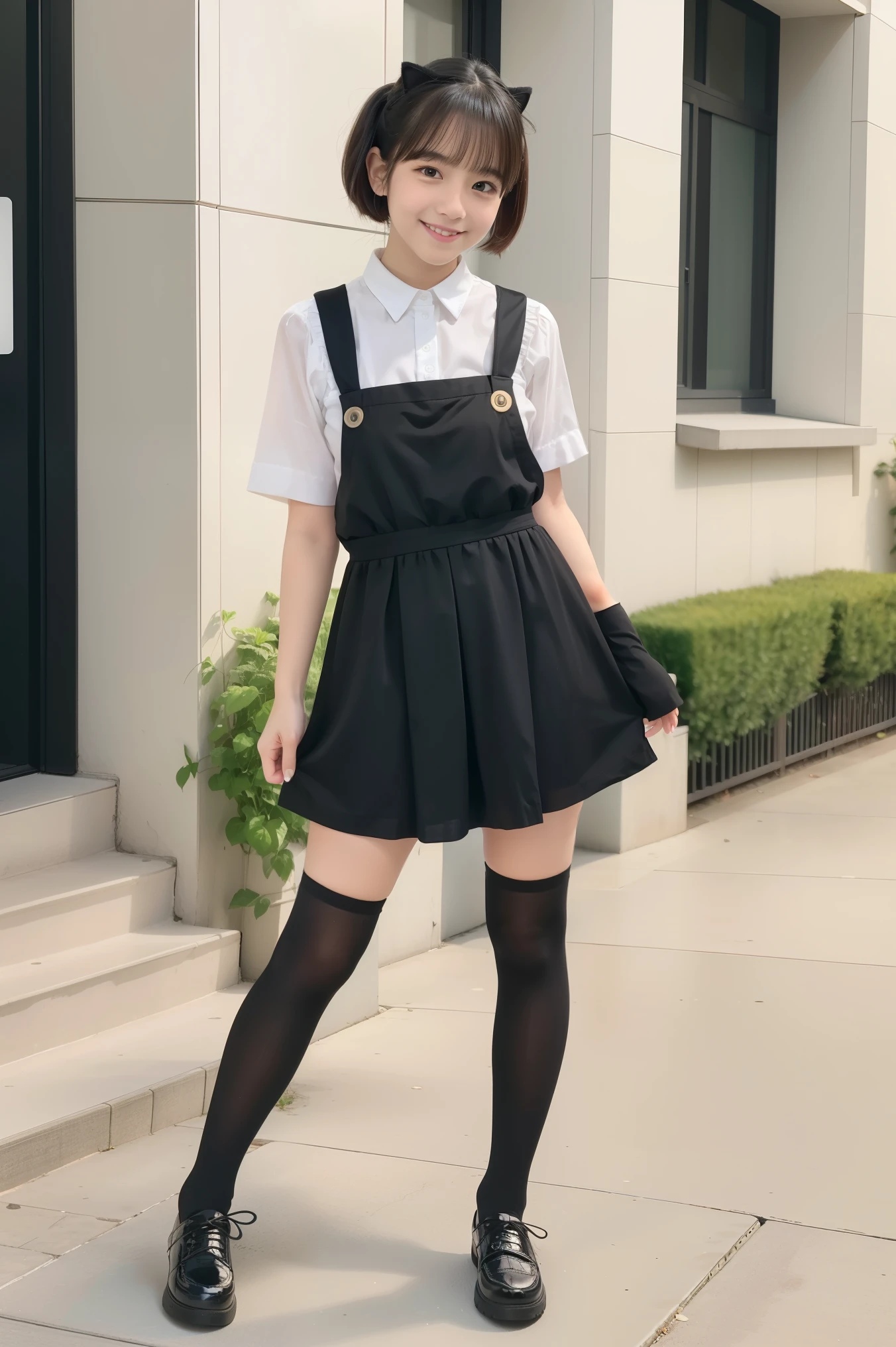 smile、short bob、Black Nylon Socks、(full body portrait:1.5)、Cat Paw Pose Next to Face、she looks 13 years old、she'A very childish 20-year-old、no makeup、long face、Long-slit idol posing on stage in school auditorium、masterpiece、highest quality、High resolution、highly detailed pictures、professional lighting、sexy maid、dress、 dressを着て、gorgeous maid、姿のメイド クロエ・dressサイド、girl in maid uniform、gray hair、黒のフリルdress、healthy complexion、白いニーハイソックス